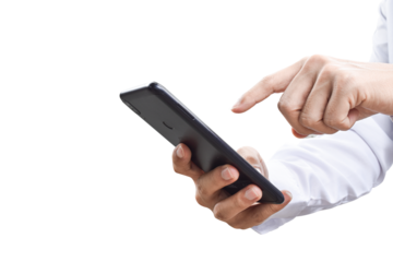 Close-up image of businessman hand holding mobile phone isolated on transparent background - PNG format.