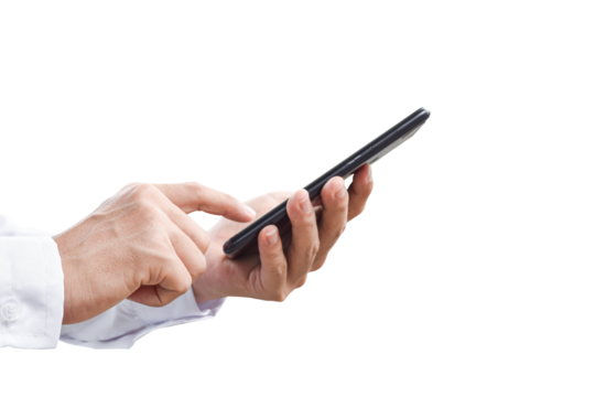 Close-up image of businessman hand holding mobile phone isolated on transparent background - PNG format.