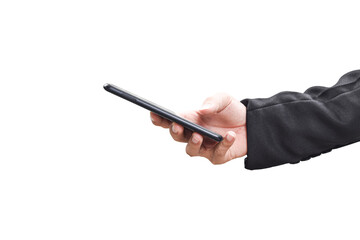 Close-up image of businessman hand holding mobile phone isolated on transparent background - PNG...