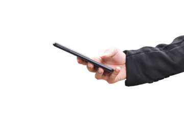 Close-up image of businessman hand holding mobile phone isolated on transparent background - PNG format.