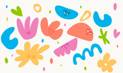 Vector cute and colorful trendy illustrated faces and shapes with cute eye and mouths