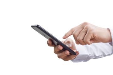 Close-up image of businessman hand holding mobile phone isolated on transparent background - PNG format.