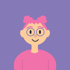 A bright cute little schoolgirl girl with glasses and pink hair. A modern child or teenager. Flat doodle vector illustration in pink and lilac for school advertising and office design. Back to school