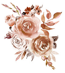 Watercolor boho flowers, brown and pink floral bouquets, Dusty pink clipart for wedding invitations, baby shower, greeting cards, scrapbooking, autumn decor - 524026485