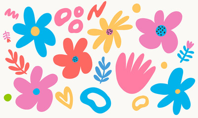 Vector cute and colorful trendy flowers and shapes.  