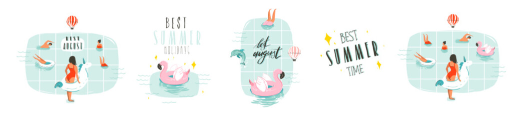 Hand drawn vector abstract graphic summer time cartoon, contemporary illustrations prints collection set with beach surfers group characters,flamingo and unicorn floats.Summer vacation concept design.