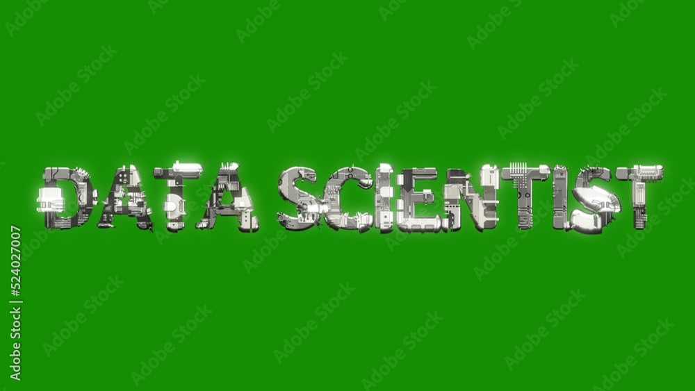 Poster silver grey cybernetic text data scientist with animation on green screen, isolated - loop video