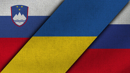 Slovenia and Ukraine and Russia Realistic Texture Flags Together - 3D Illustration