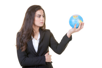 Young Professional Businesswoman is Thinking Global Against Isolated White Background