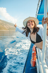 beautiful smiling woman portrait at cruise ship summer vacation - obrazy, fototapety, plakaty