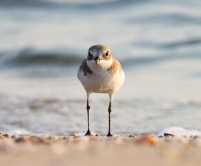 Beautiful lesser sand plover bird standing on Sandy beach, in blue color nature background. Beautiful grey, white plover on beach, in nature.
