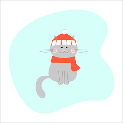 gray cat in a red scarf and hat in winter