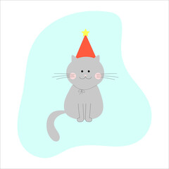grey cat in a festive red cap at a party