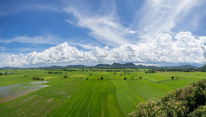 Landscape of Rice field, bluesky and Cloud, Mountain panorama view in kanchanaburi, thailand