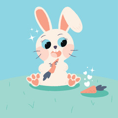 A cute white little curious hare holds carrot in its paws, bunny or rabbit wants to eat it another one. Cartoon texture vector illustration. Children's design for clothing, poster, ad