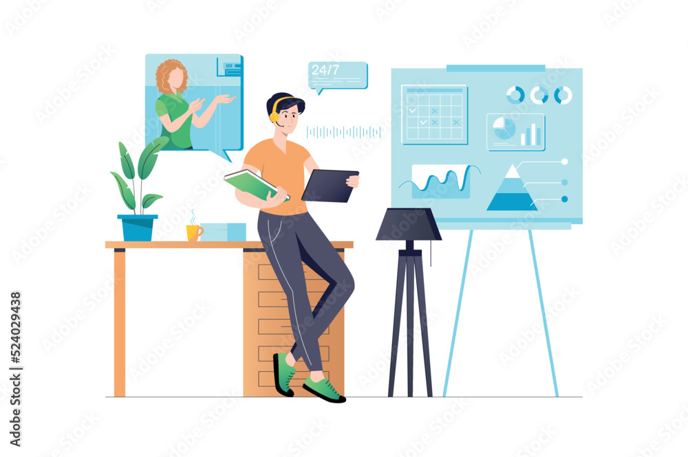 Poster concept call center with people scene in flat cartoon style. call center employee informs the client
