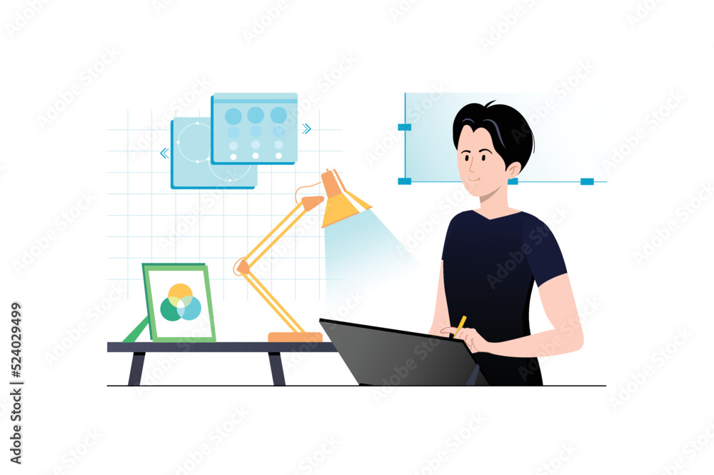 Poster design studio concept with people scene in flat cartoon design. designer works in the studio on crea