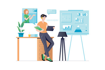 Concept call center with people scene in flat cartoon style. Call center employee informs the client about products and services she is interested in by phone. Vector illustration.