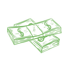 Money banknotes in stacks vector illustration. Hand engraved dollars. Simple sketchy outline of cash