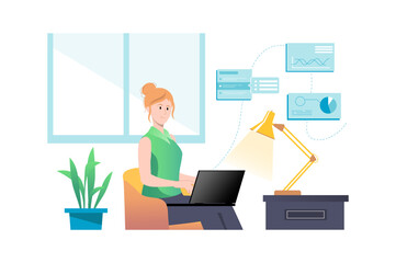 Data analysis concept with people scene in flat cartoon design. Woman in the office works on analyzing data that her colleagues provide electronically. Vector illustration.