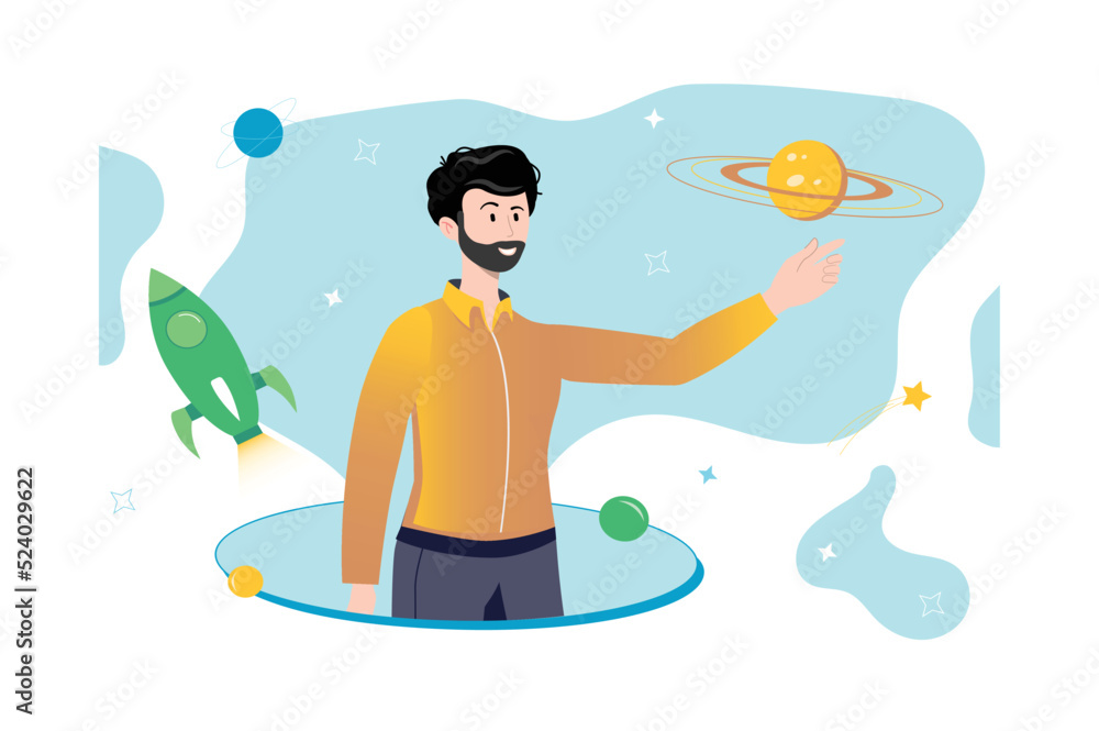 Poster concept metaverse with people scene in flat cartoon design. man interacts with various virtual objec