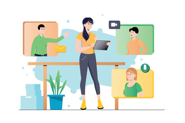 Video conference concept with people scene in flat cartoon design. Manager and colleagues are discussing important work issues on a video conference. Vector illustration.