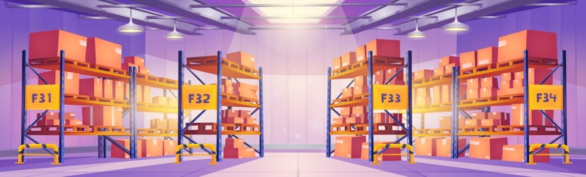 Best Warehouse interior storehouse inner view, racks filled with boxes on palettes, equipment for stock products storage. Logistics, cargo and goods delivery, postal service, Cartoon  illustration