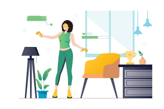 Virtual reality concept with people scene in flat cartoon design. Woman in her room is in a virtual reality created by computer and innovative technologies. Vector illustration.