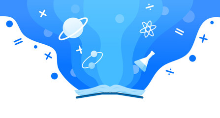 Fototapeta na wymiar Science Book Education Vector Flat Illustration Background Landscape Blue Modern Math Chemistry and Astronomy