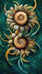 Surreal combination of ammonite inspired spirals,  leafy swirls and oddly unusual flowers of the imagination. Beautiful dreamy seafoam green in harmony with shades of rustic yellow orange colors.  
