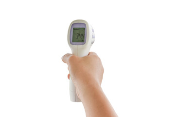 Hand holding digital infrared thermometer (thermometer gun) Isolated on transparent background -...