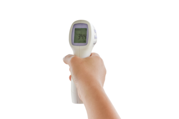 Hand holding digital infrared thermometer (thermometer gun) Isolated on transparent background - PNG format.