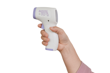 Hand holding digital infrared thermometer (thermometer gun) Isolated on transparent background - PNG format.