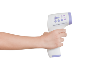 Hand holding digital infrared thermometer (thermometer gun) Isolated on transparent background - PNG format.