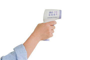 Hand holding digital infrared thermometer (thermometer gun) Isolated on transparent background - PNG format.