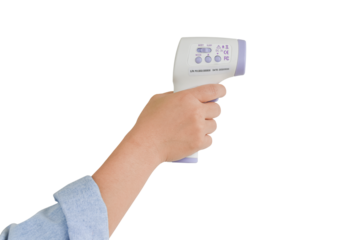Hand holding digital infrared thermometer (thermometer gun) Isolated on transparent background - PNG format.