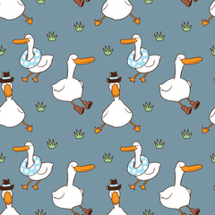Seamless Pattern with Cartoon Duck Design on Deep Blue Background © Supannee