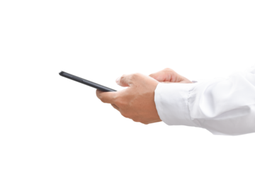 Close-up image of businessman hand holding mobile phone isolated on transparent background - PNG format.