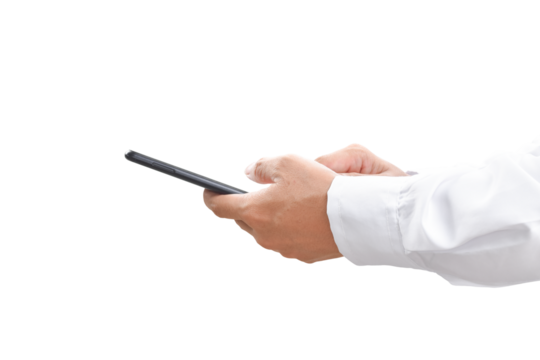 Close-up image of businessman hand holding mobile phone isolated on transparent background - PNG format.