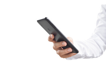 Close-up image of businessman hand holding mobile phone isolated on transparent background - PNG...