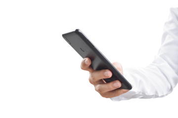 Close-up image of businessman hand holding mobile phone isolated on transparent background - PNG format.