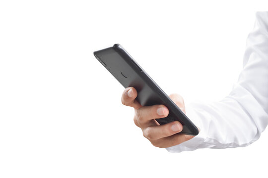 Close-up image of businessman hand holding mobile phone isolated on transparent background - PNG format.