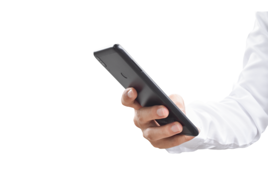 Close-up image of businessman hand holding mobile phone isolated on transparent background - PNG format.