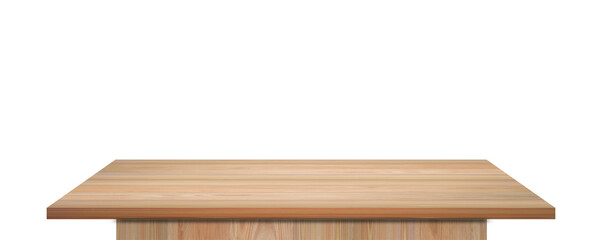 Empty wooden table top isolated on transparent background - PNG format.