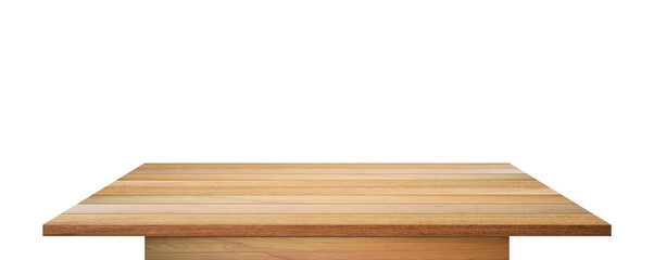 Empty wooden table top isolated on transparent background - PNG format.