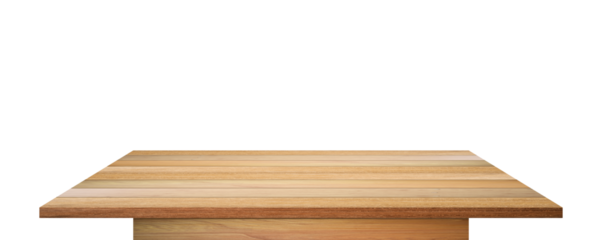Empty wooden table top isolated on transparent background - PNG format.