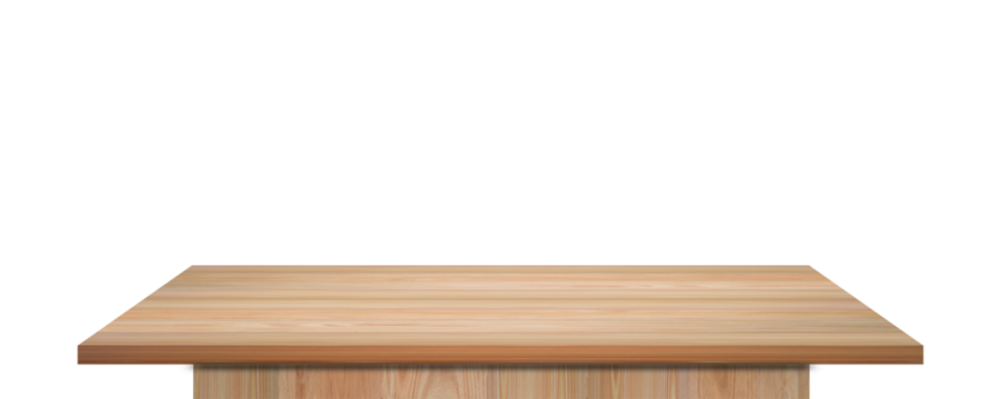 Empty wooden table top isolated on transparent background - PNG format.