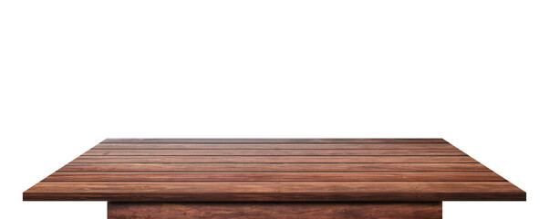 Empty wooden table top isolated on transparent background - PNG format.