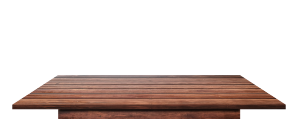 Empty wooden table top isolated on transparent background - PNG format.
