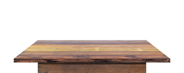 Empty wooden table top isolated on transparent background - PNG format.